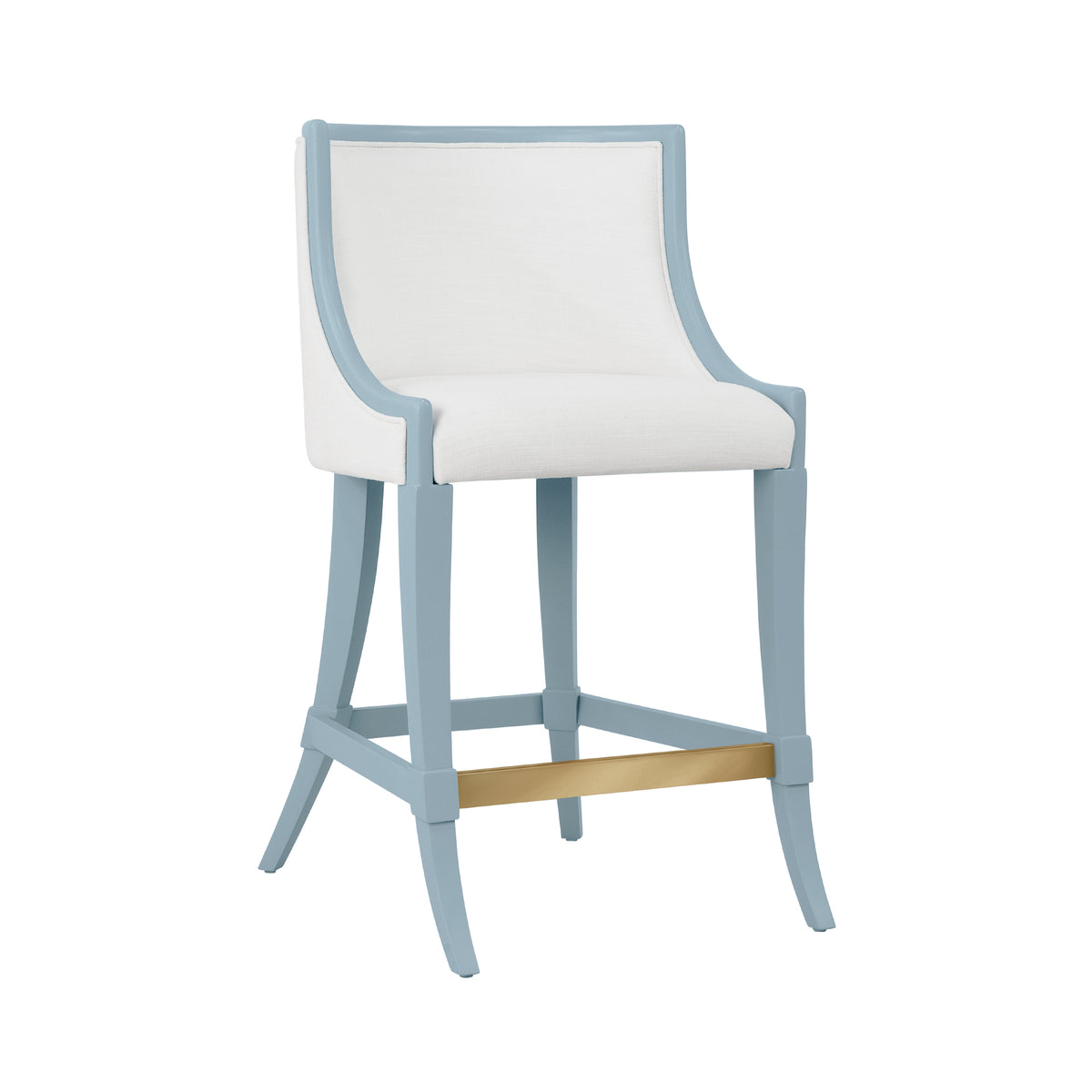 Klismos Leg Counter Stool With Performance White Linen Upholstery In Matte Light Blue Lacquer - KEATON LB