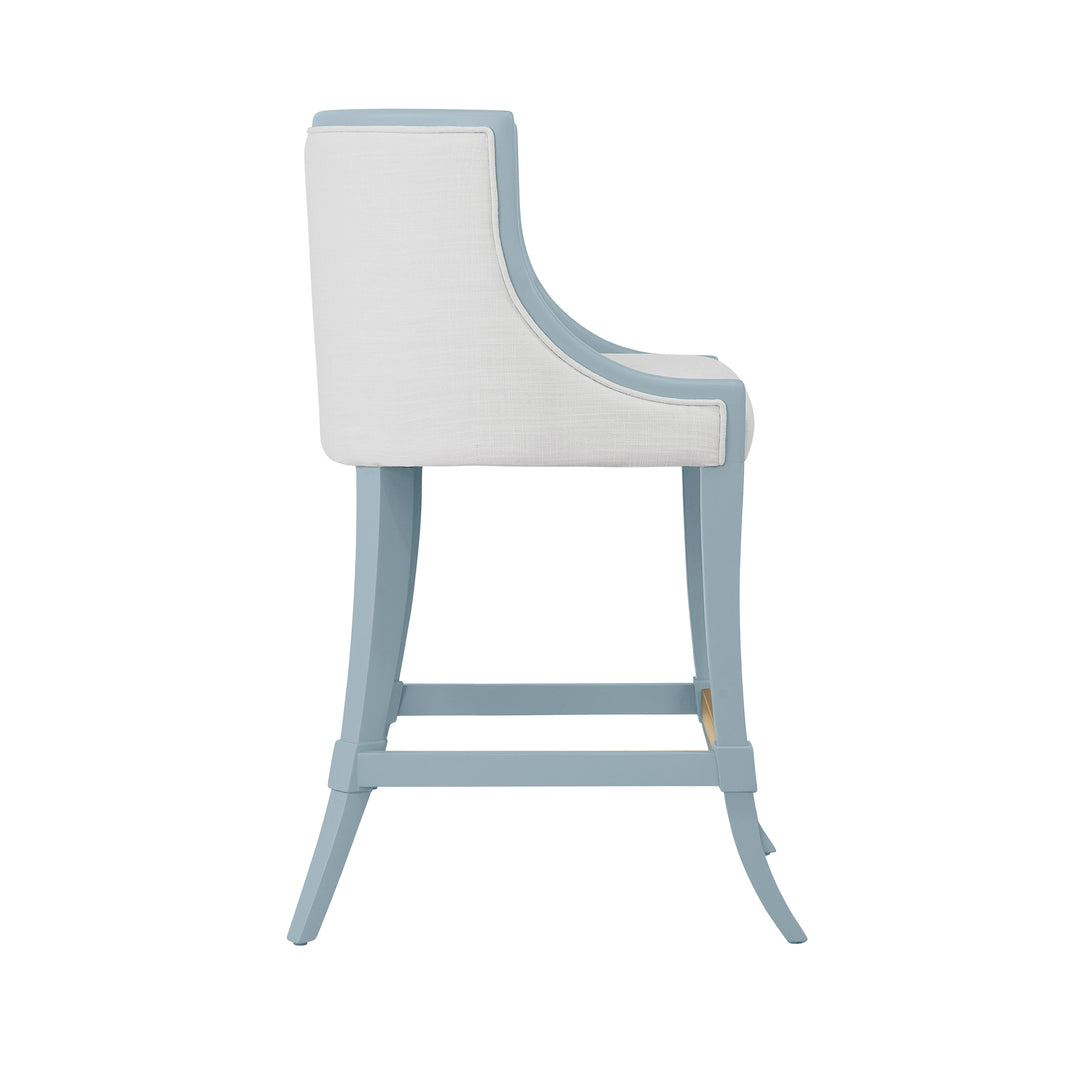 Klismos Leg Counter Stool With Performance White Linen Upholstery In Matte Light Blue Lacquer - KEATON LB