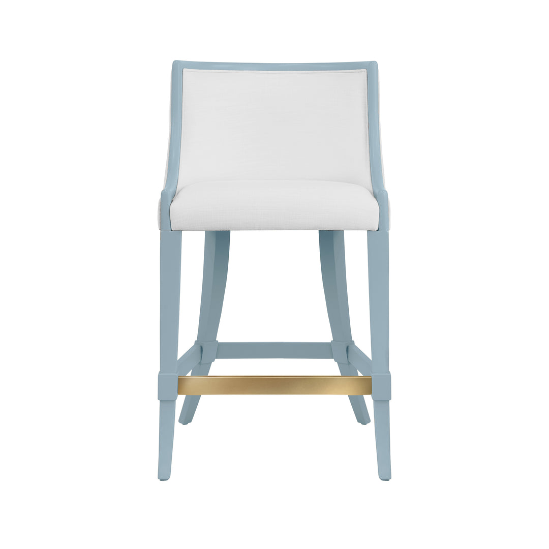 Klismos Leg Counter Stool With Performance White Linen Upholstery In Matte Light Blue Lacquer - KEATON LB