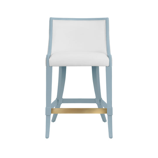 Klismos Leg Counter Stool With Performance White Linen Upholstery In Matte Light Blue Lacquer - KEATON LB