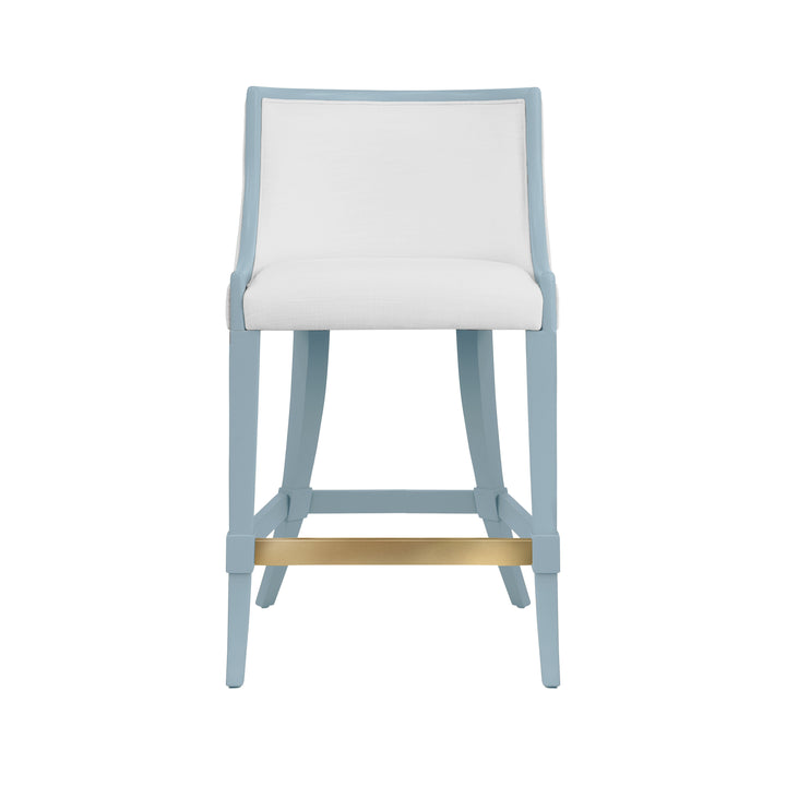 Klismos Leg Counter Stool With Performance White Linen Upholstery In Matte Light Blue Lacquer - KEATON LB