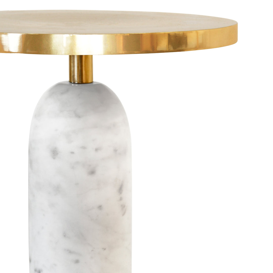 Round Side Table With Brass Top And White Marble Pedestal Base









 - KELLER
