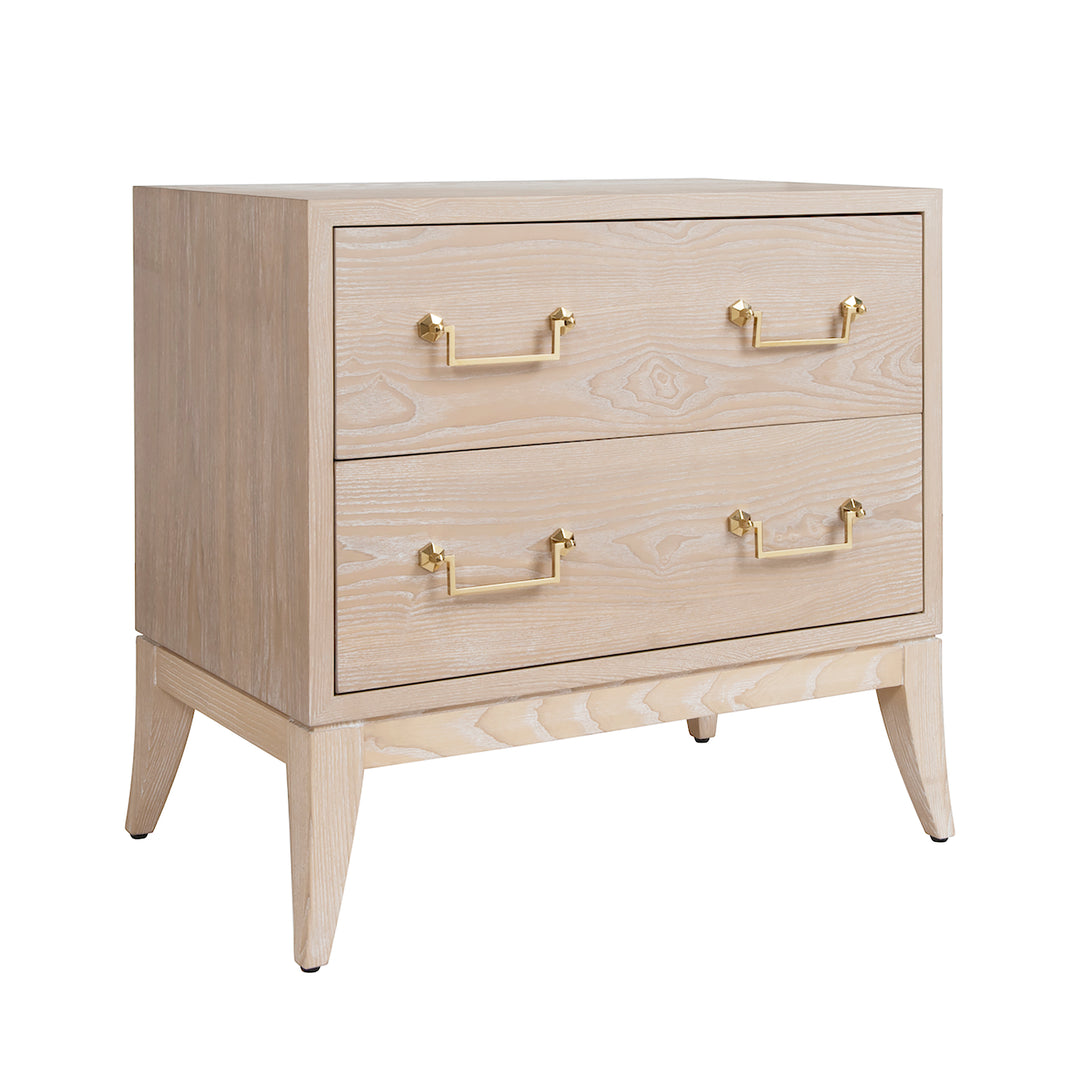 Sabre Leg 2 Drawer Side Table With Brass Swing Handle In Cerused Oak - KENNA CO
