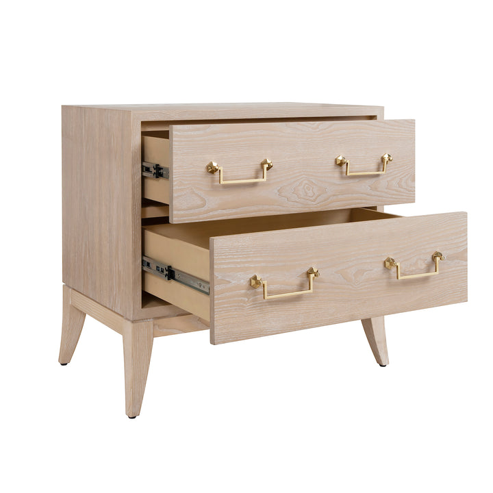 Sabre Leg 2 Drawer Side Table With Brass Swing Handle In Cerused Oak - KENNA CO