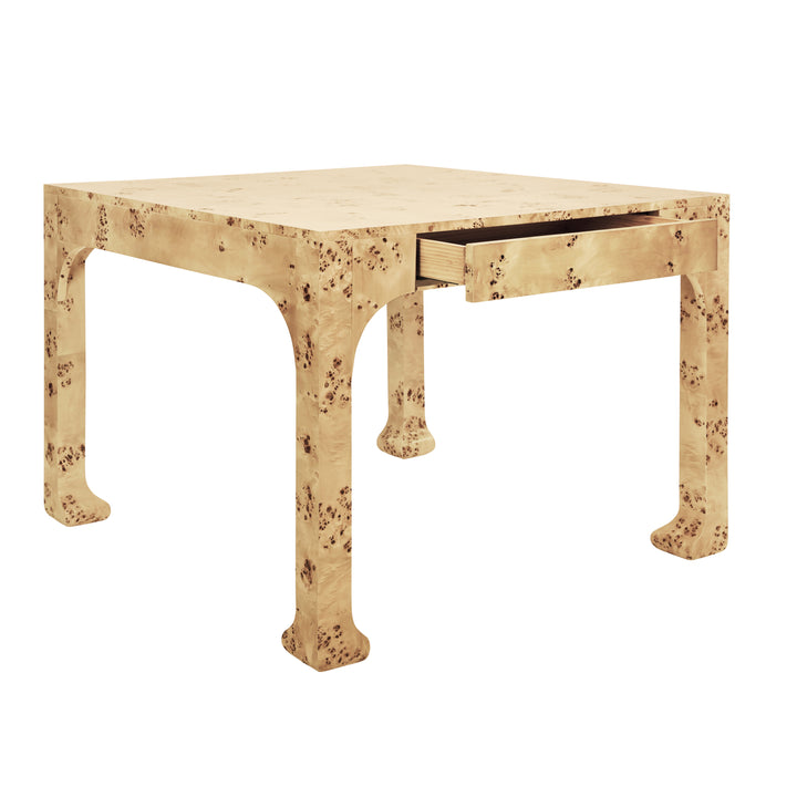 Square Two Drawer Pagoda Style Game Table In Burl Wood - KERRY BW