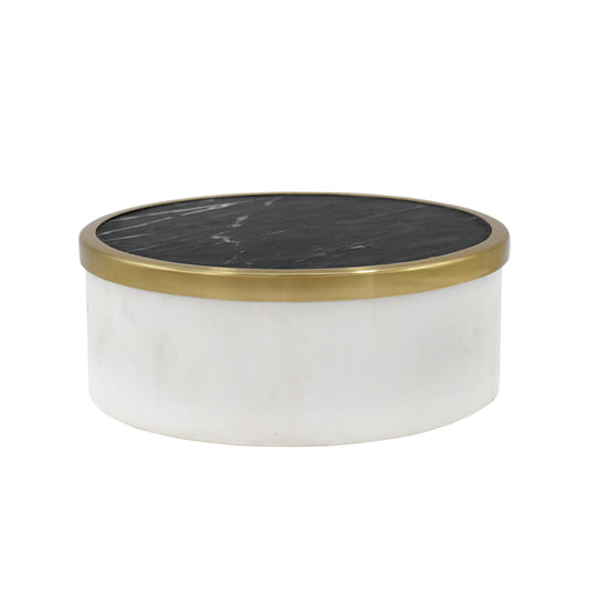 White Marble Container With Black Marble Top With Brass Rim - KHALID