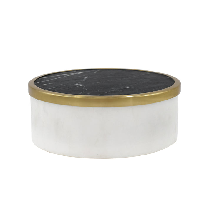 White Marble Container With Black Marble Top With Brass Rim - KHALID