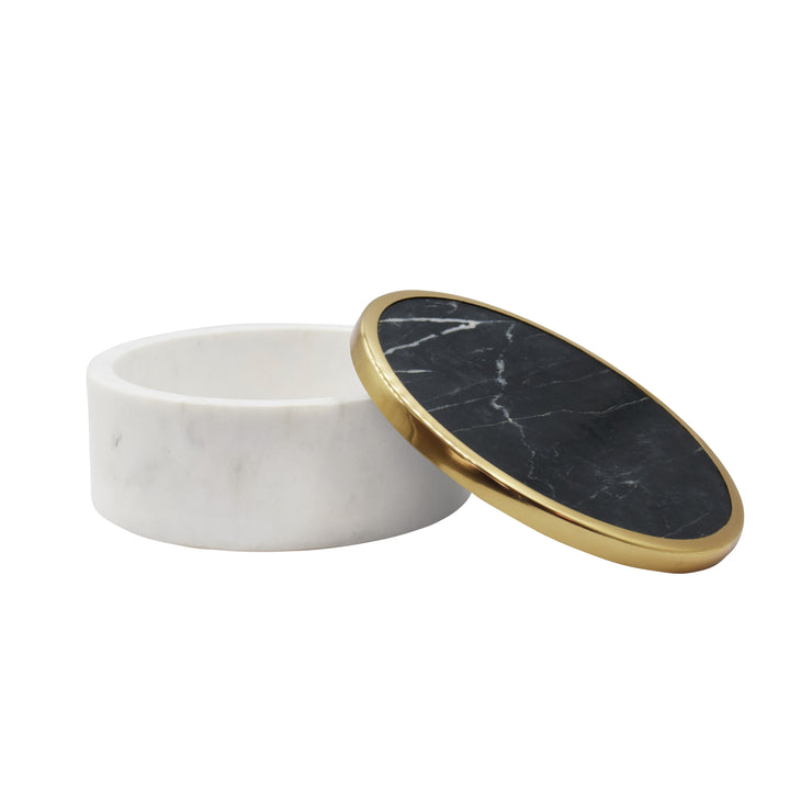 White Marble Container With Black Marble Top With Brass Rim - KHALID