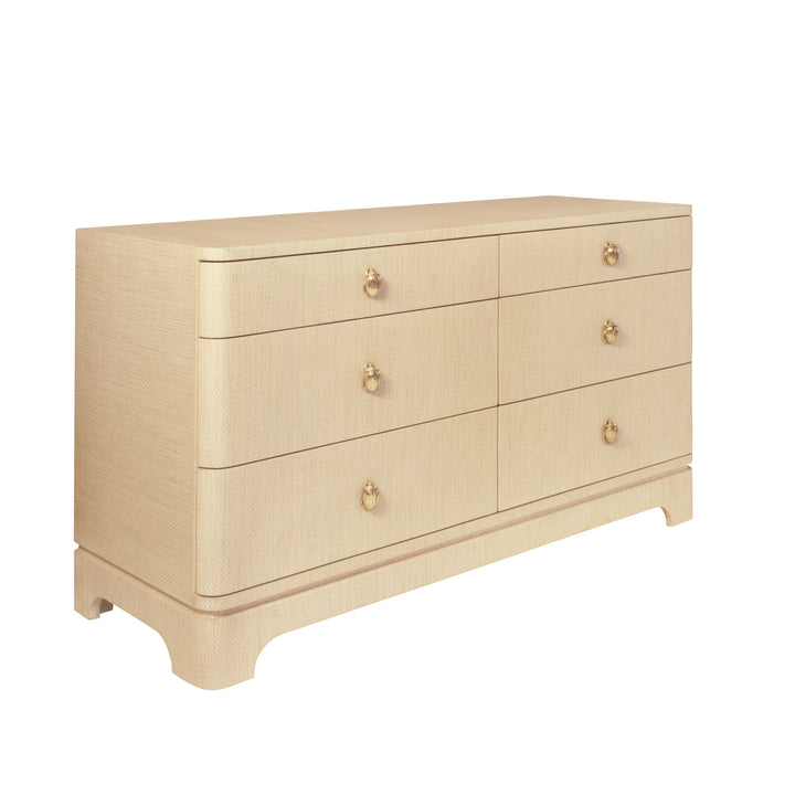 Six Drawer Rounded Edge Chest With Brass Beetle Knob In Natural Grasscloth - KILMER NAT