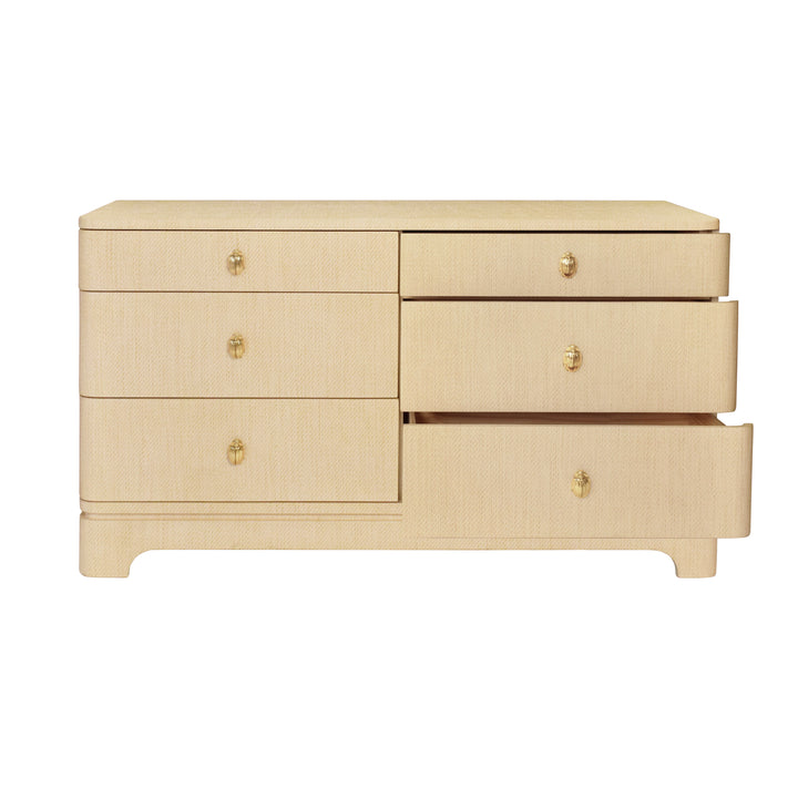 Six Drawer Rounded Edge Chest With Brass Beetle Knob In Natural Grasscloth - KILMER NAT
