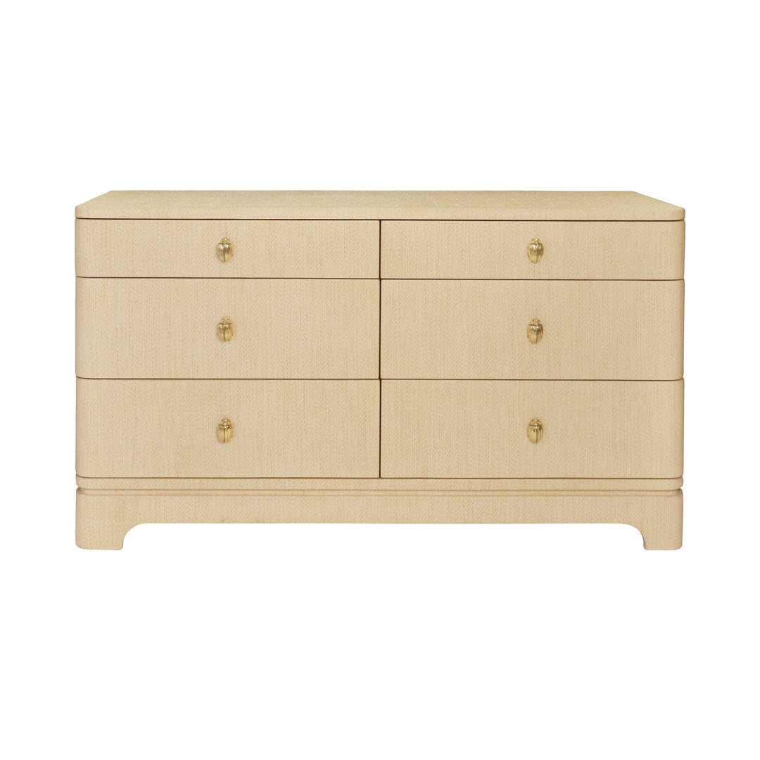 Six Drawer Rounded Edge Chest With Brass Beetle Knob In Natural Grasscloth - KILMER NAT