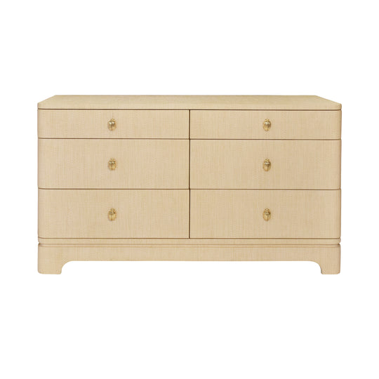 Six Drawer Rounded Edge Chest With Brass Beetle Knob In Natural Grasscloth - KILMER NAT