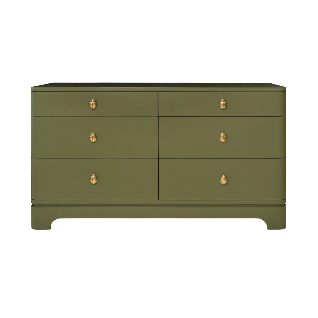 Six Drawer Rounded Edge Chest With Brass Beetle Knob In Olive Green Matte Lacquer - KILMER OLV