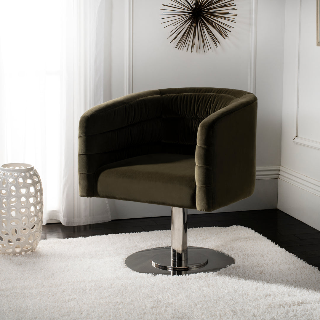 American Home Furniture Safavieh Couture Marie Velvet Swivel Tub Chair/Olive/Steel