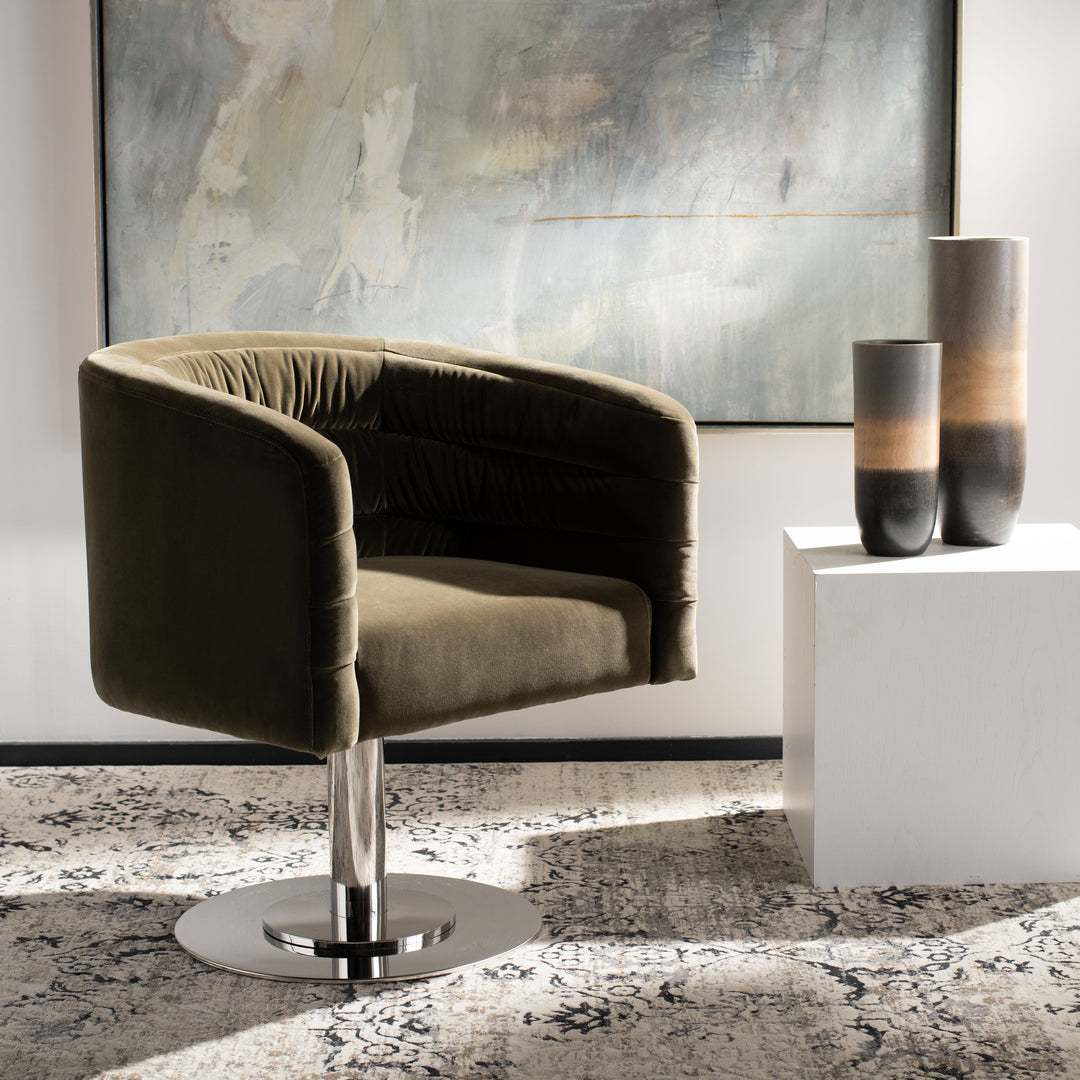 American Home Furniture Safavieh Couture Marie Velvet Swivel Tub Chair/Olive/Steel