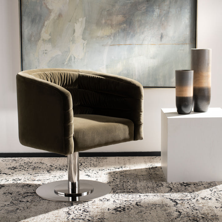 American Home Furniture Safavieh Couture Marie Velvet Swivel Tub Chair/Olive/Steel