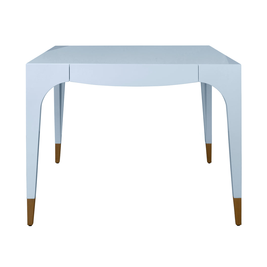 Square Tapered Leg, Two Drawer Game Table With Antique Brass Foot Caps In Light Blue Lacquer - LACEY LB