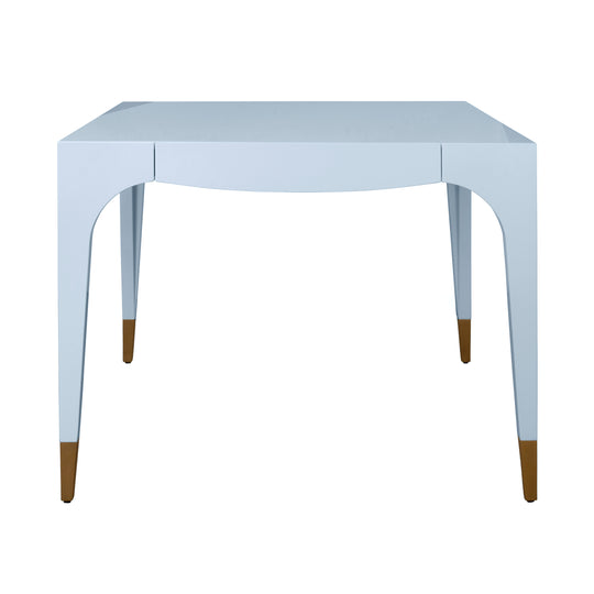 Square Tapered Leg, Two Drawer Game Table With Antique Brass Foot Caps In Light Blue Lacquer - LACEY LB