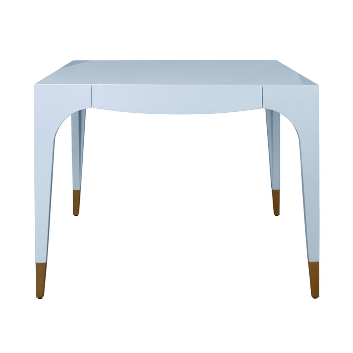 Square Tapered Leg, Two Drawer Game Table With Antique Brass Foot Caps In Light Blue Lacquer - LACEY LB