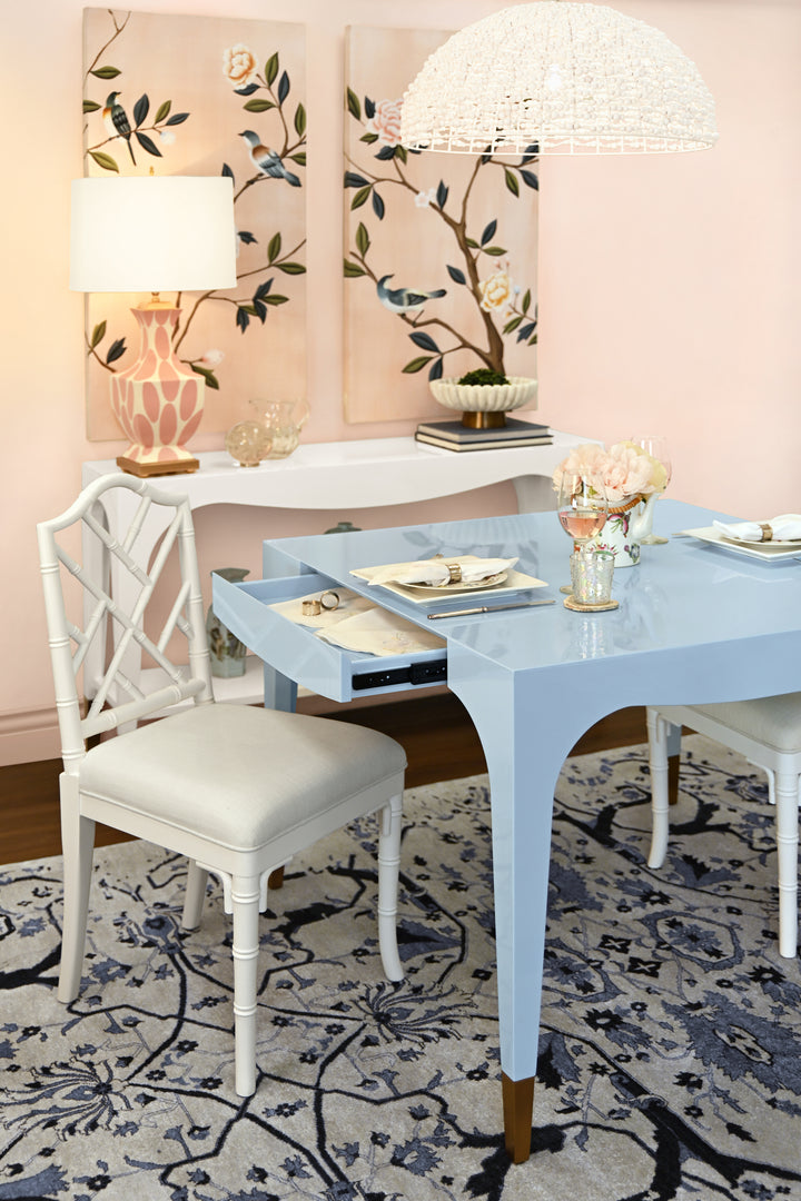 Square Tapered Leg, Two Drawer Game Table With Antique Brass Foot Caps In Light Blue Lacquer - LACEY LB