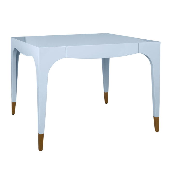Square Tapered Leg, Two Drawer Game Table With Antique Brass Foot Caps In Light Blue Lacquer - LACEY LB
