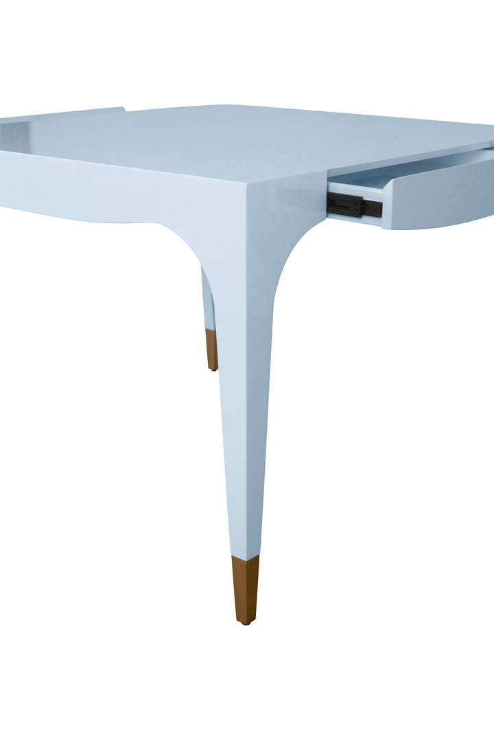 Square Tapered Leg, Two Drawer Game Table With Antique Brass Foot Caps In Light Blue Lacquer - LACEY LB