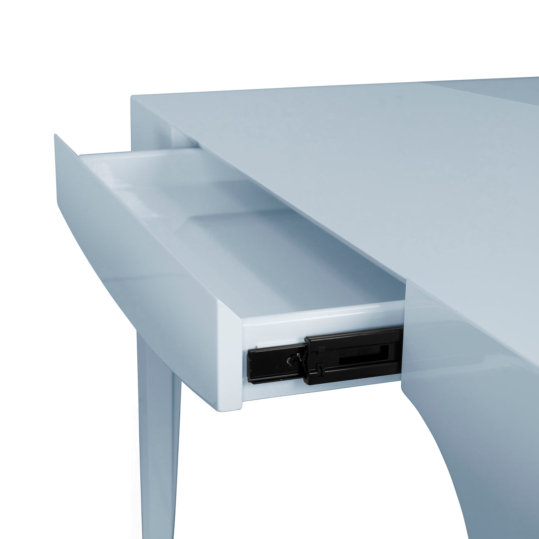 Square Tapered Leg, Two Drawer Game Table With Antique Brass Foot Caps In Light Blue Lacquer - LACEY LB