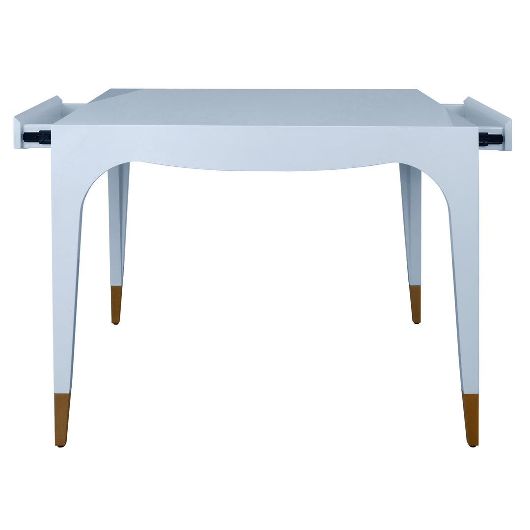 Square Tapered Leg, Two Drawer Game Table With Antique Brass Foot Caps In Light Blue Lacquer - LACEY LB