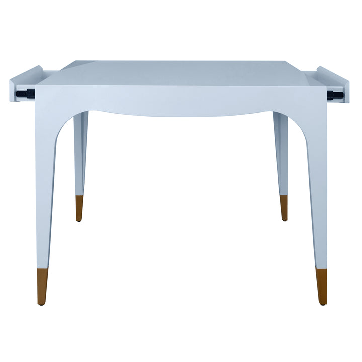 Square Tapered Leg, Two Drawer Game Table With Antique Brass Foot Caps In Light Blue Lacquer - LACEY LB