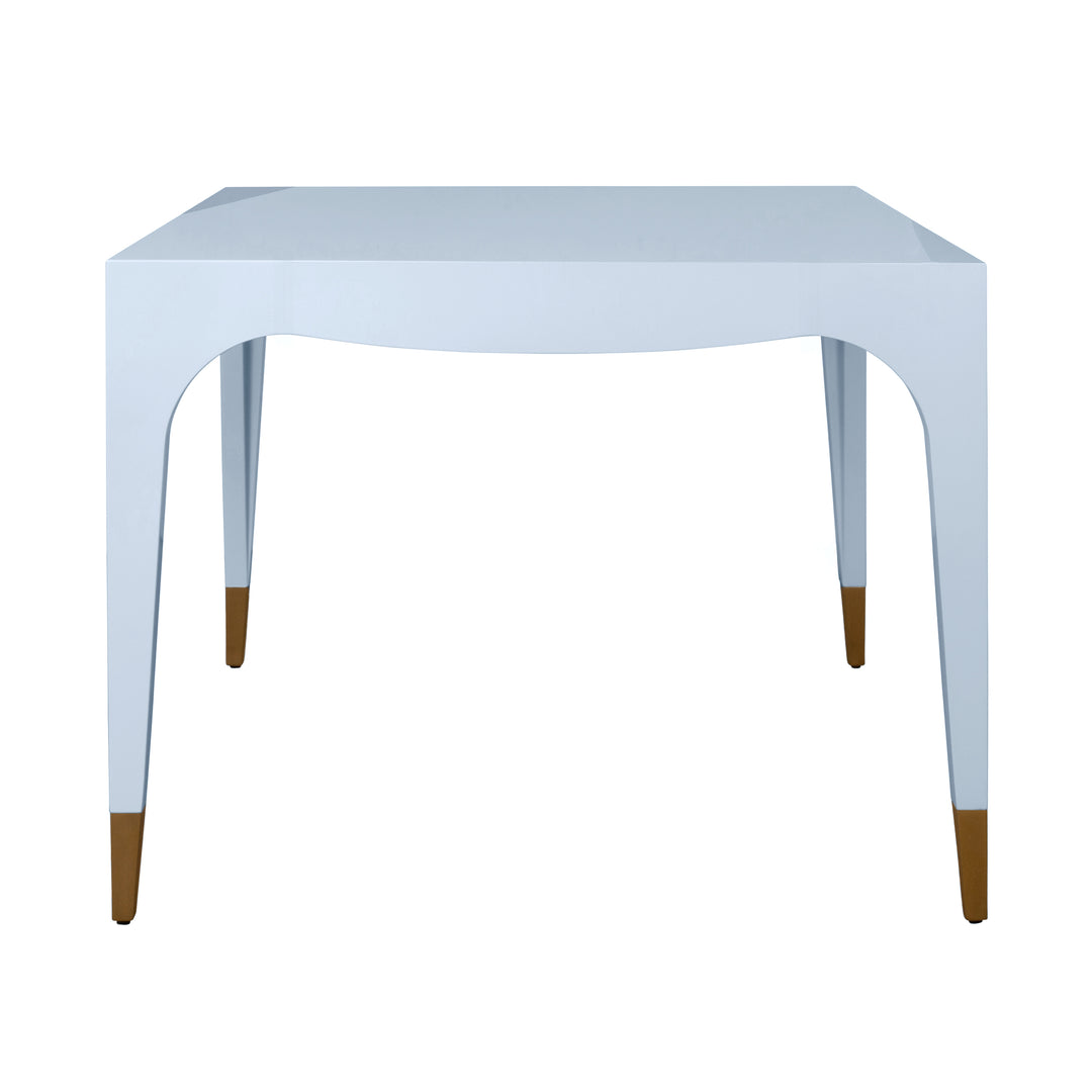 Square Tapered Leg, Two Drawer Game Table With Antique Brass Foot Caps In Light Blue Lacquer - LACEY LB