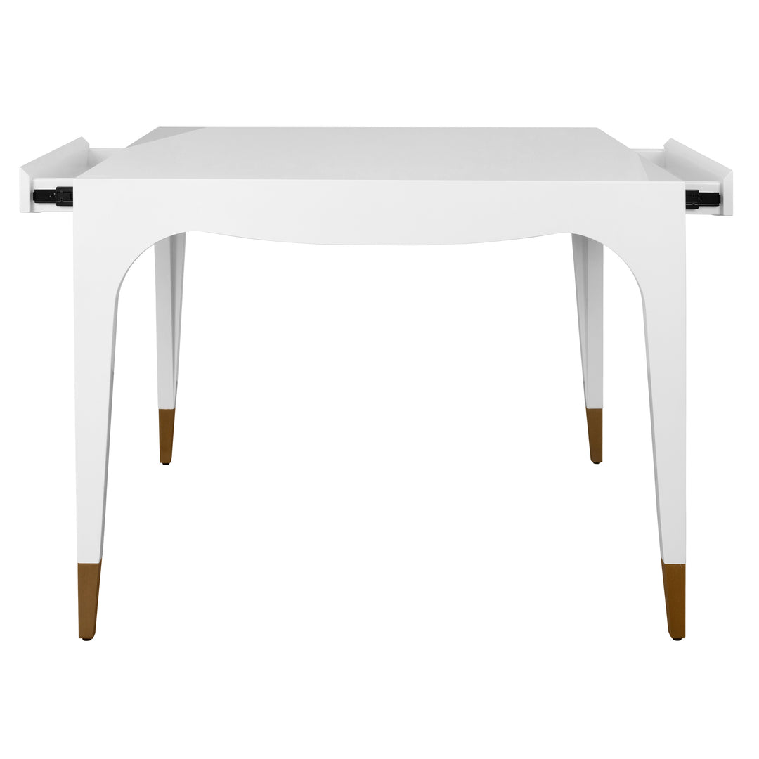 Square Tapered Leg Two Drawer Game Table With Antique Brass Foot Caps In White Lacquer - LACEY WH