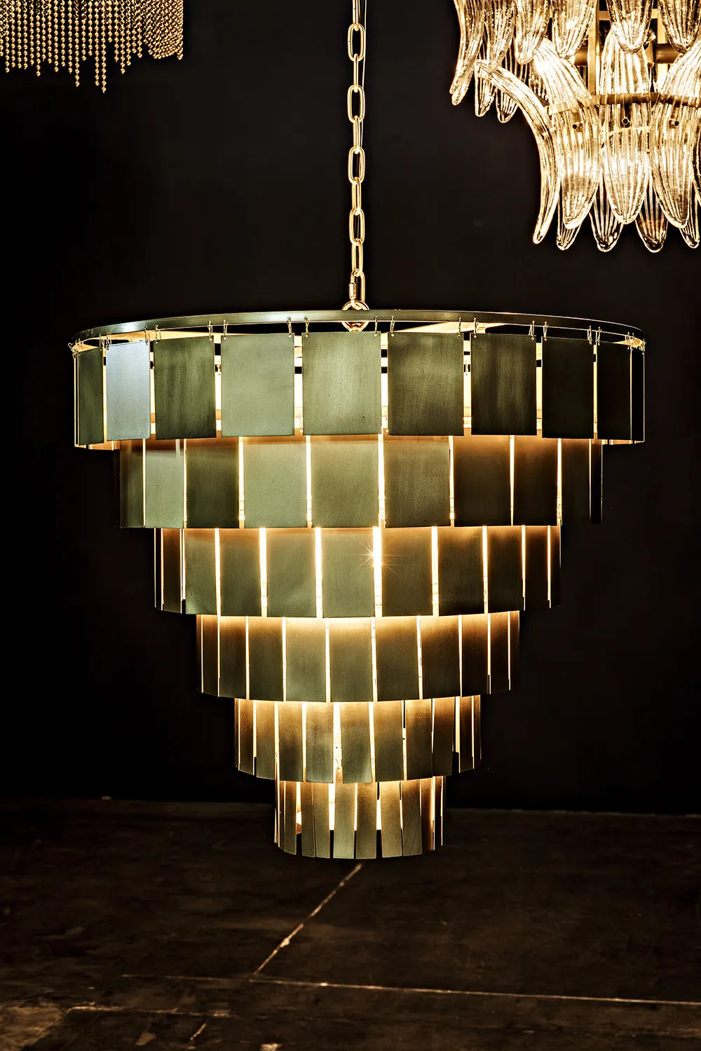 American Home Furniture | Noir - Shield Chandelier, Metal with Brass Finish