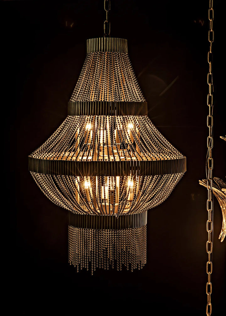 American Home Furniture | Noir - Domo Chandelier, Steel and Metal Beads with Brass Finish