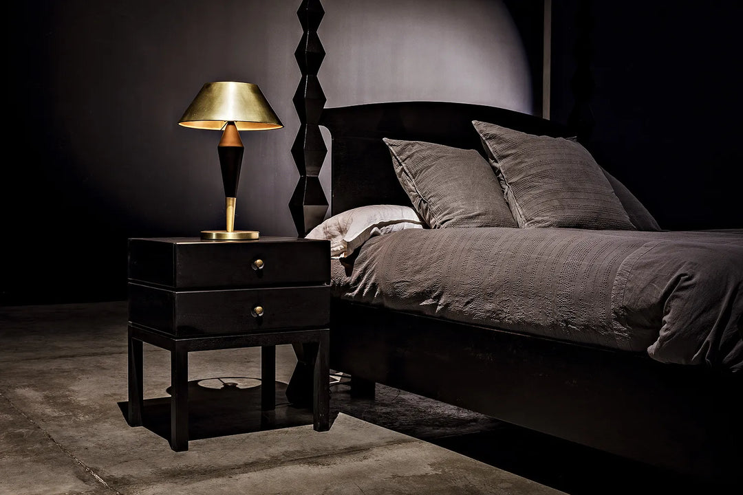 American Home Furniture | Noir - Blau Table Lamp, Steel with Brass Finish and Black Steel Detail