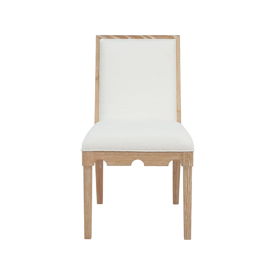 Square Back Dining Chair With Decorative Apron In Cerused Oak With Performance White Linen Upholstery - LANISTER CO