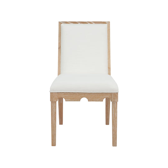 Square Back Dining Chair With Decorative Apron In Cerused Oak With Performance White Linen Upholstery - LANISTER CO