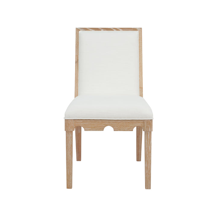 Square Back Dining Chair With Decorative Apron In Cerused Oak With Performance White Linen Upholstery - LANISTER CO
