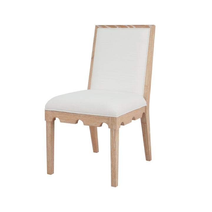 Square Back Dining Chair With Decorative Apron In Cerused Oak With Performance White Linen Upholstery - LANISTER CO