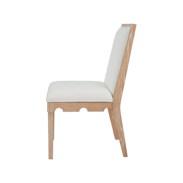 Square Back Dining Chair With Decorative Apron In Cerused Oak With Performance White Linen Upholstery - LANISTER CO