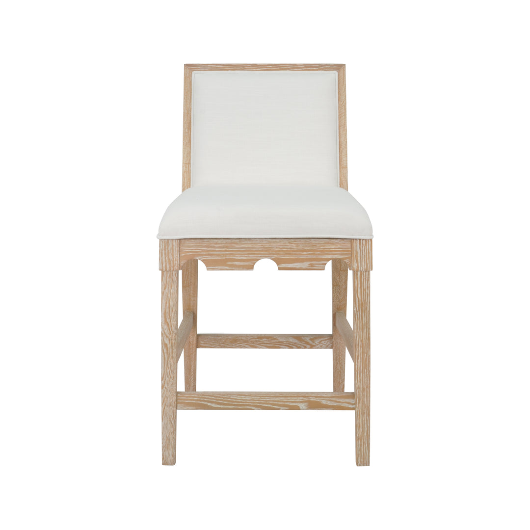 Square Back Counter Stool With Decorative Apron In Cerused Oak With Performance White Linen Upholstery - LANISTER CS CO