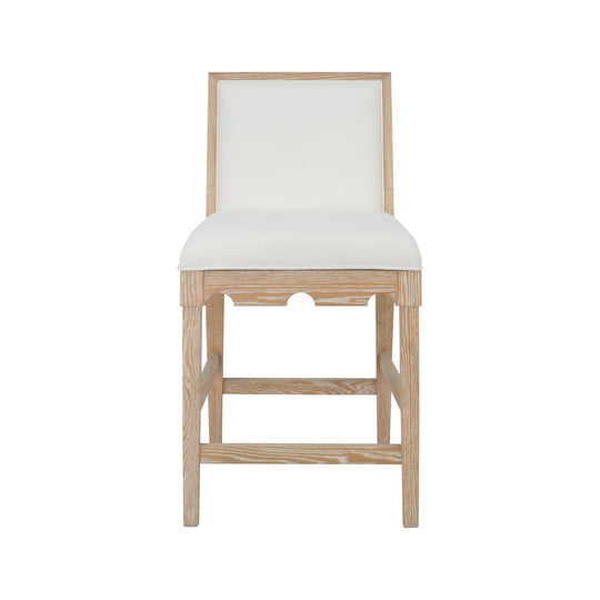 Square Back Counter Stool With Decorative Apron In Cerused Oak With Performance White Linen Upholstery - LANISTER CS CO