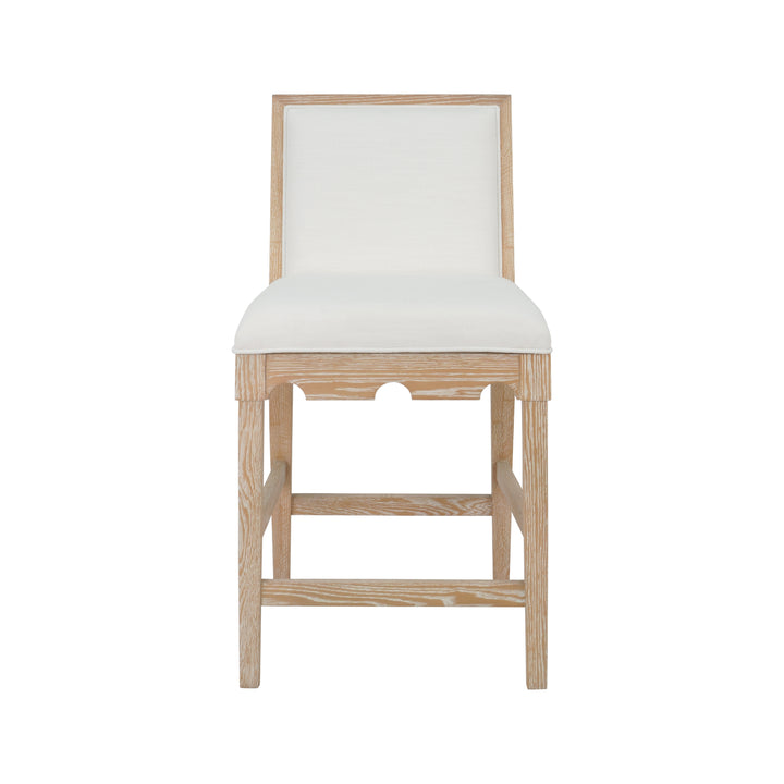 Square Back Counter Stool With Decorative Apron In Cerused Oak With Performance White Linen Upholstery - LANISTER CS CO