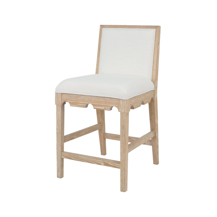 Square Back Counter Stool With Decorative Apron In Cerused Oak With Performance White Linen Upholstery - LANISTER CS CO