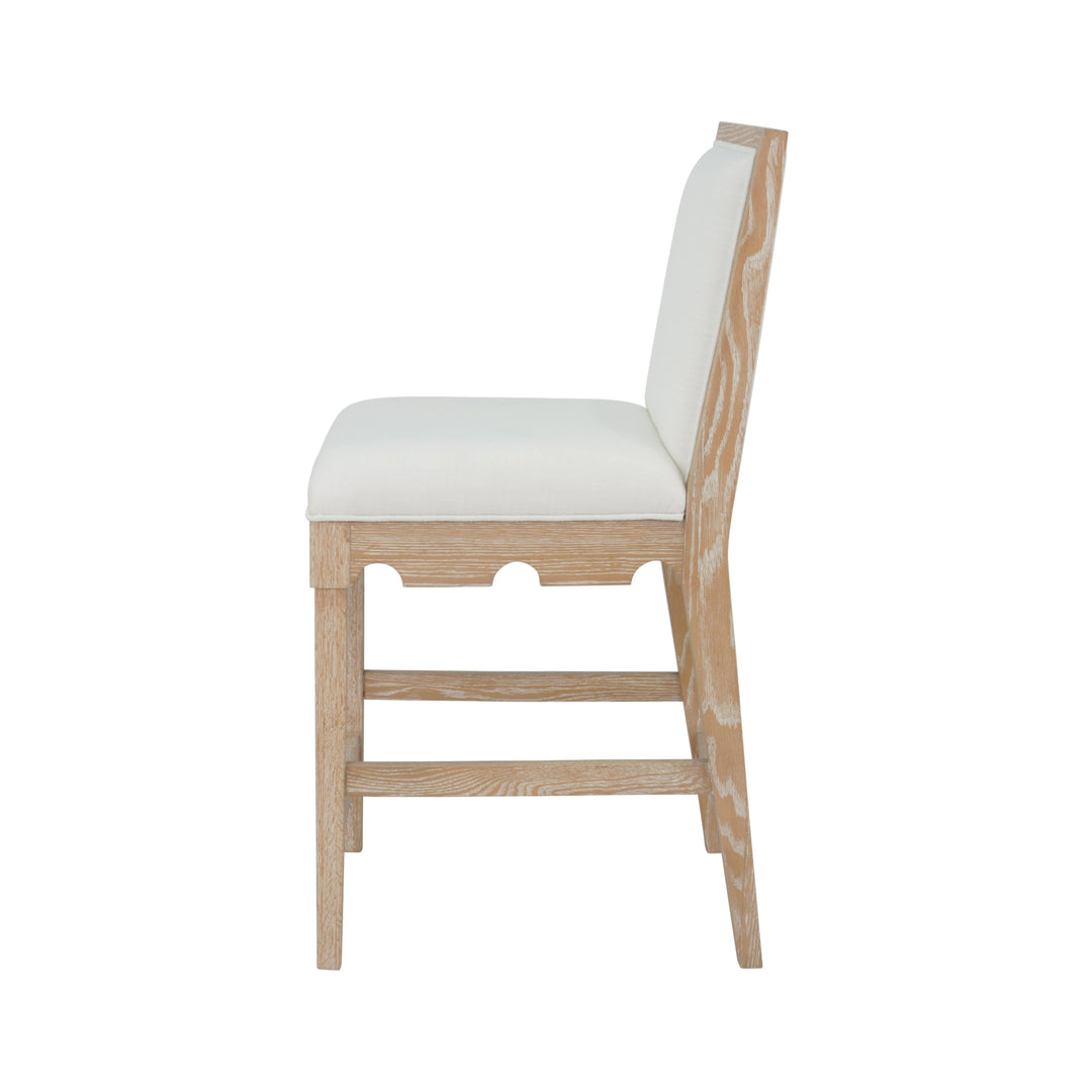 Square Back Counter Stool With Decorative Apron In Cerused Oak With Performance White Linen Upholstery - LANISTER CS CO