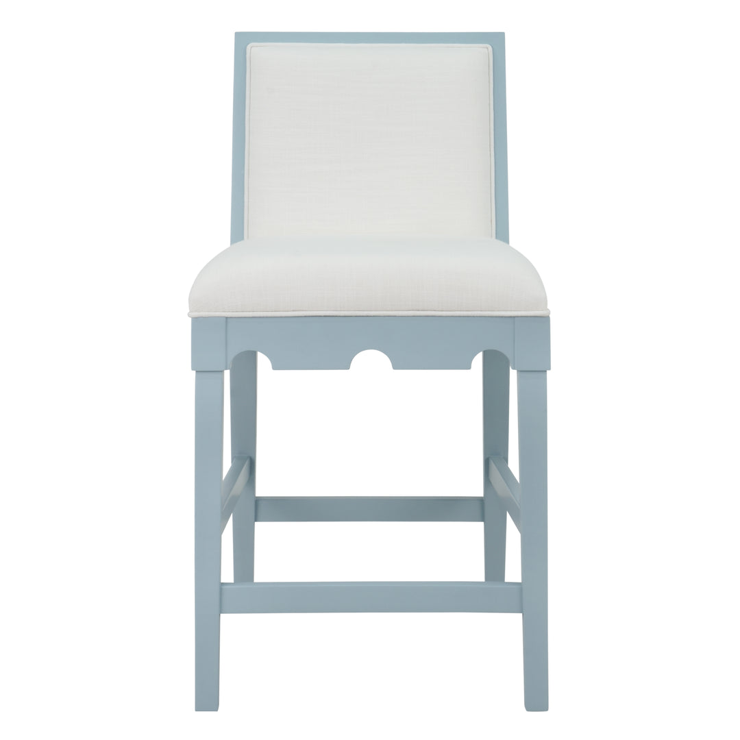 Square Back Counter Stool With Decorative Apron In Matte Light Blue Lacquer With Performance White Linen Upholstery - LANISTER CS LB