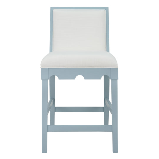 Square Back Counter Stool With Decorative Apron In Matte Light Blue Lacquer With Performance White Linen Upholstery - LANISTER CS LB