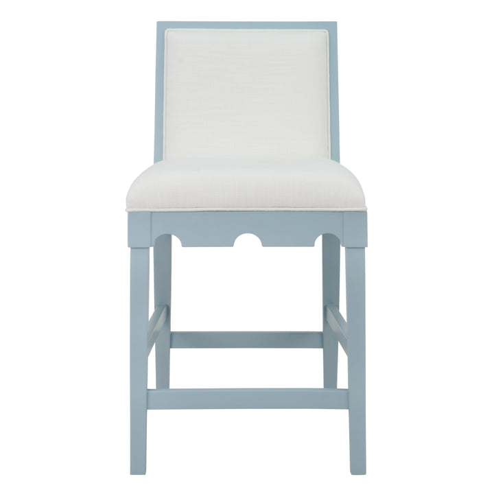 Square Back Counter Stool With Decorative Apron In Matte Light Blue Lacquer With Performance White Linen Upholstery - LANISTER CS LB