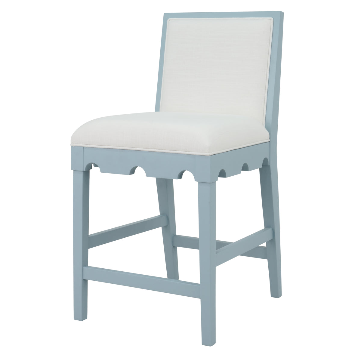 Square Back Counter Stool With Decorative Apron In Matte Light Blue Lacquer With Performance White Linen Upholstery - LANISTER CS LB