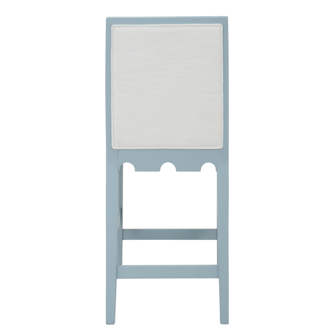 Square Back Counter Stool With Decorative Apron In Matte Light Blue Lacquer With Performance White Linen Upholstery - LANISTER CS LB