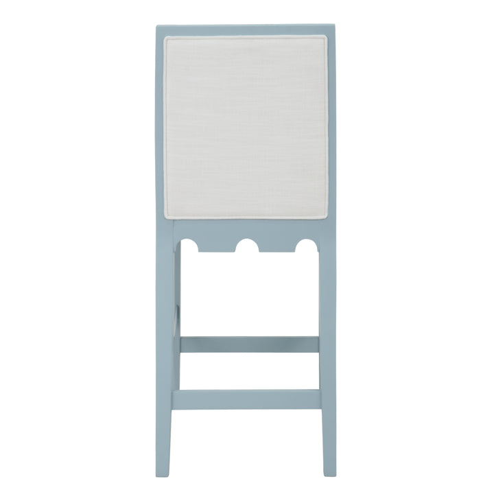Square Back Counter Stool With Decorative Apron In Matte Light Blue Lacquer With Performance White Linen Upholstery - LANISTER CS LB